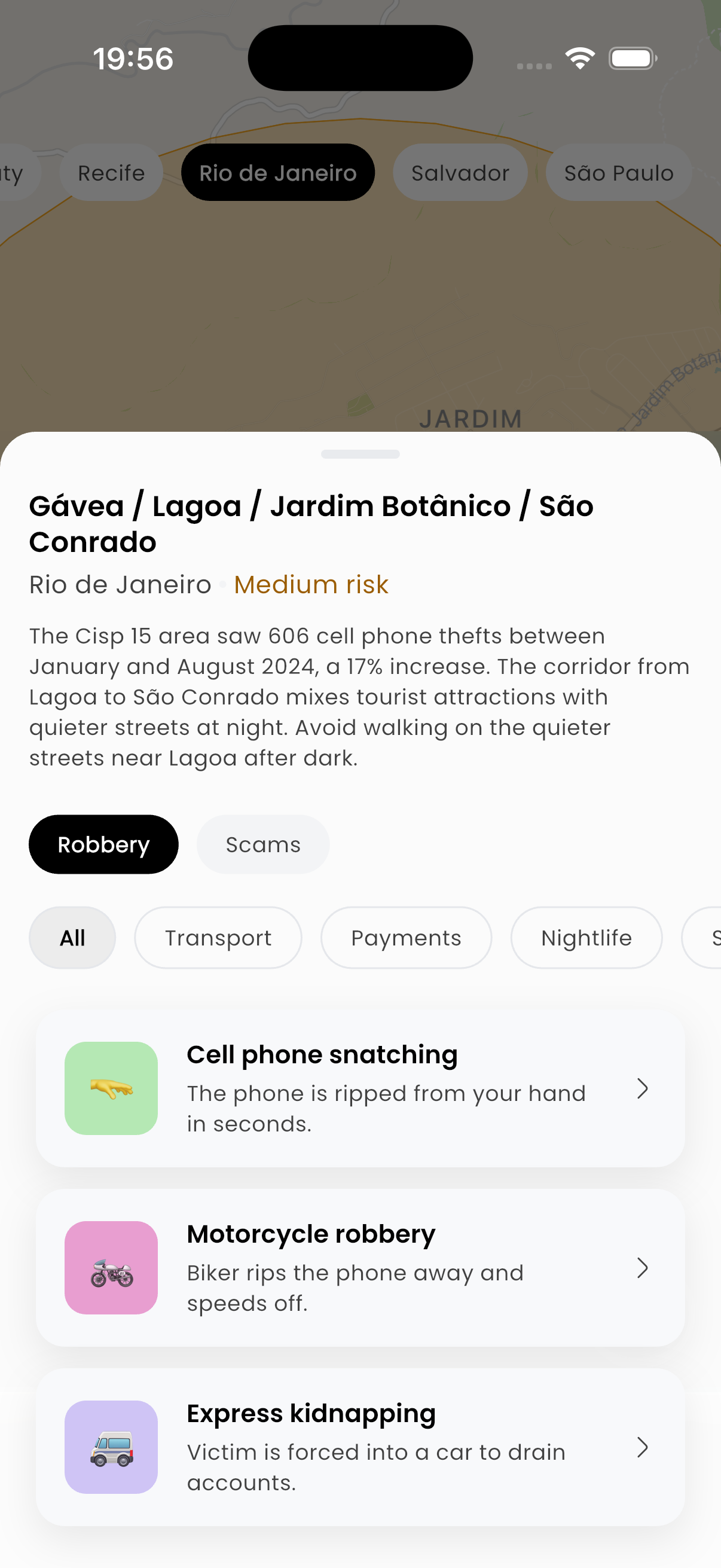 App screen showing real-time safety alerts near your location