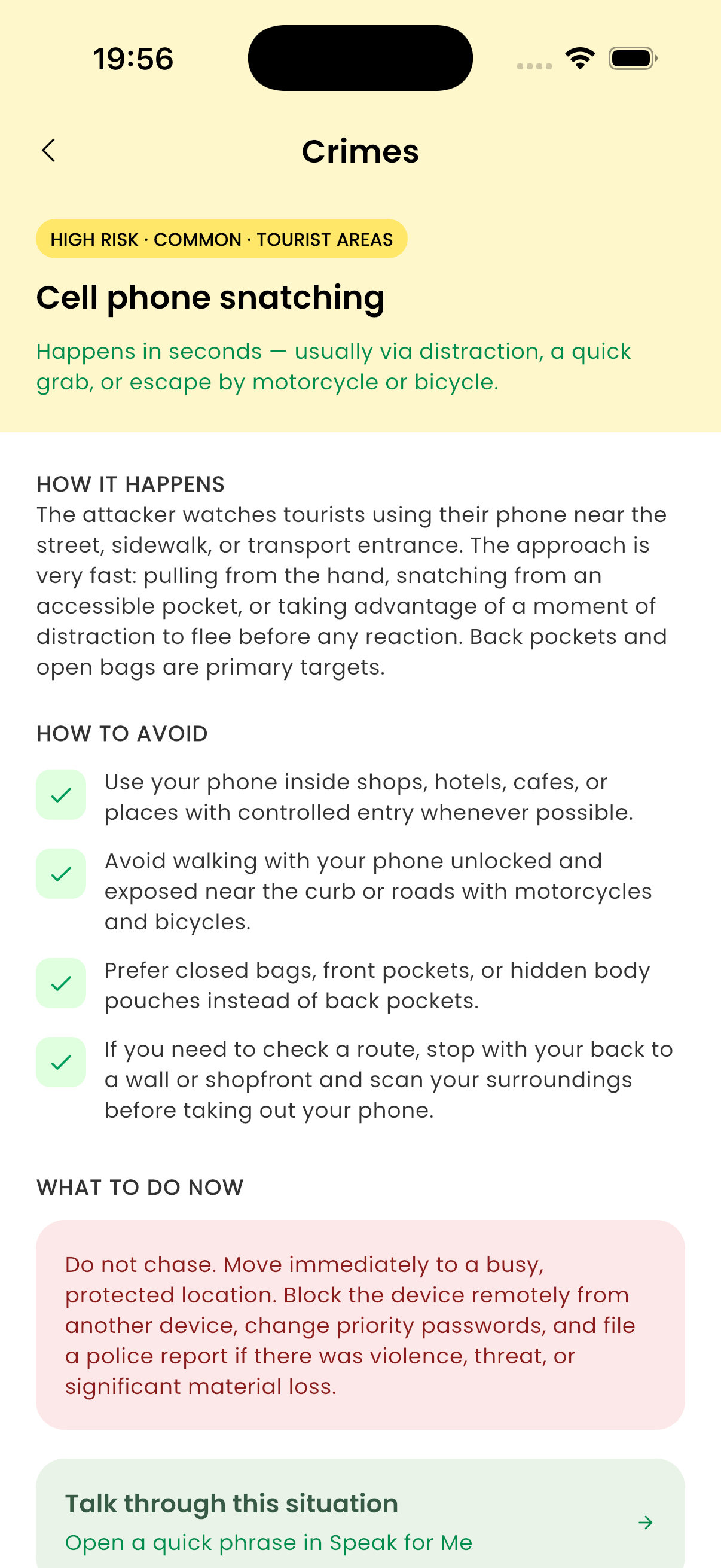 App screen displaying common scam and threat warnings