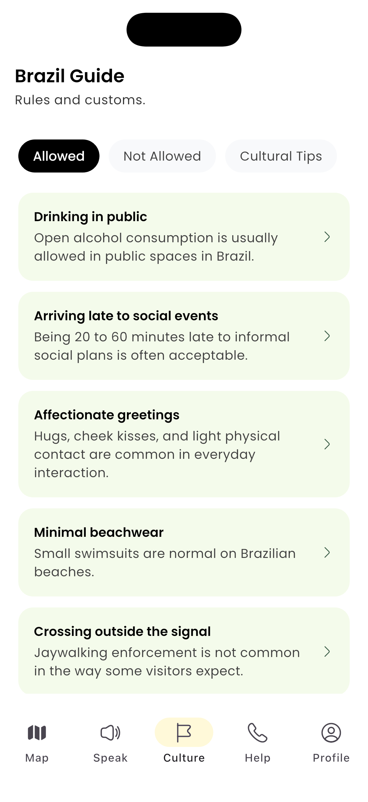 App screen showing local safety rules and travel guidelines